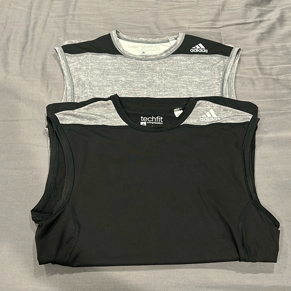 (2) Two Adidas TechFit Compression Black/Gray Tank Tops Size L